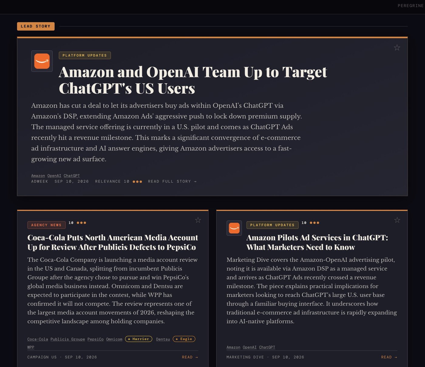 Caracara lead story: "Amazon and OpenAI Team Up to Target ChatGPT's US Users," scored 10 out of 10 relevance, with related Coca-Cola and Amazon stories below it cross-tagged to Harrier and Eagle