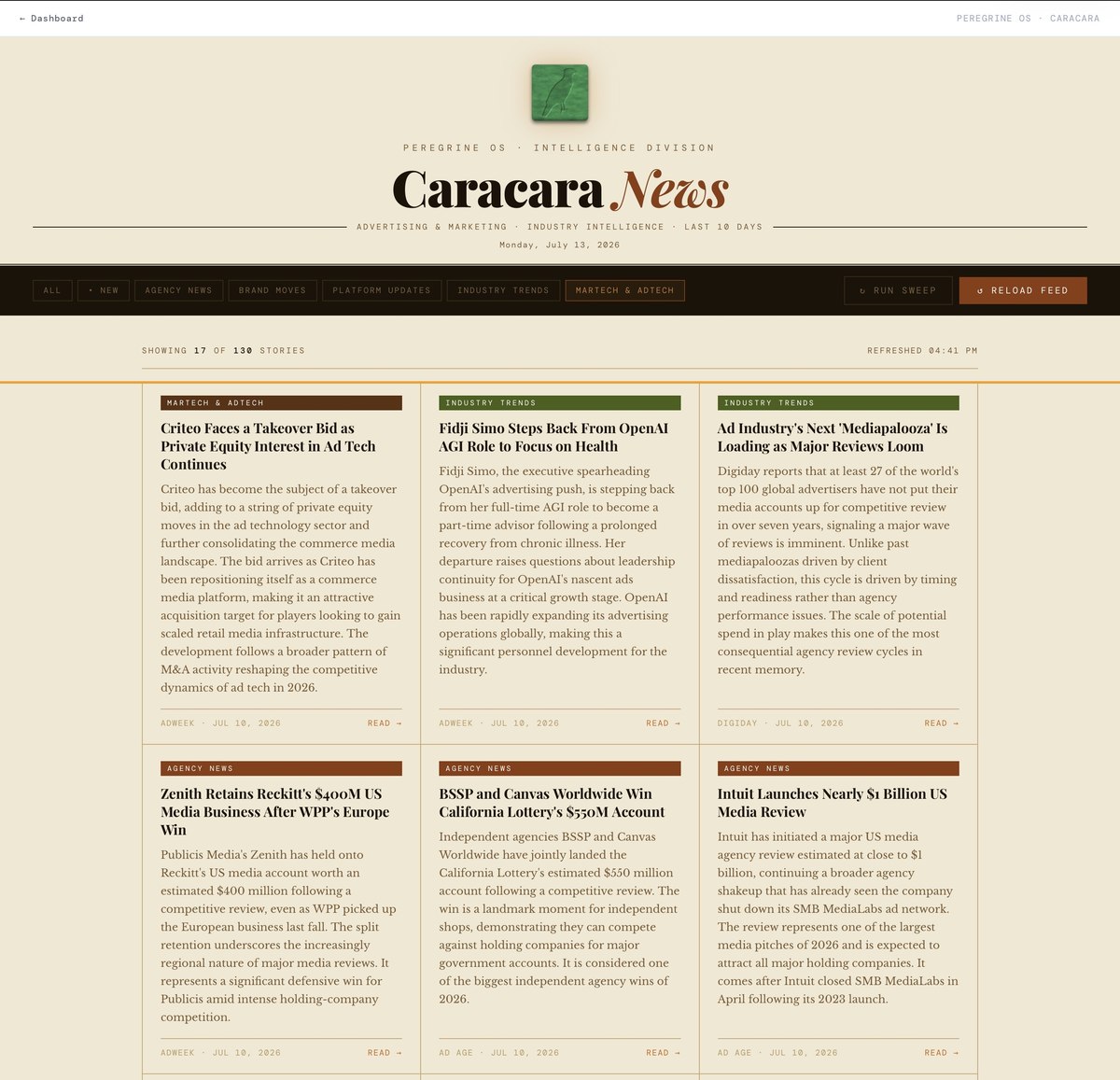 Caracara News: Peregrine's advertising and marketing industry news feed, showing the masthead and a set of scored story cards