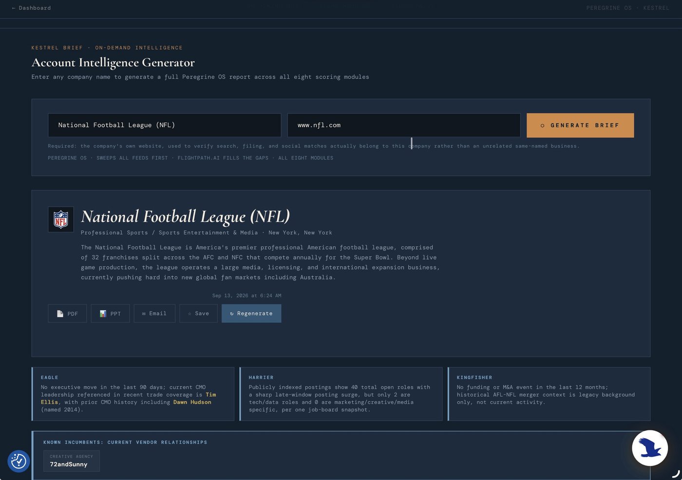Kestrel's Account Intelligence Generator: enter any company name and website to generate a full report, shown here running on the National Football League with Eagle, Harrier, and Kingfisher cross-tags and known incumbent 72andSunny
