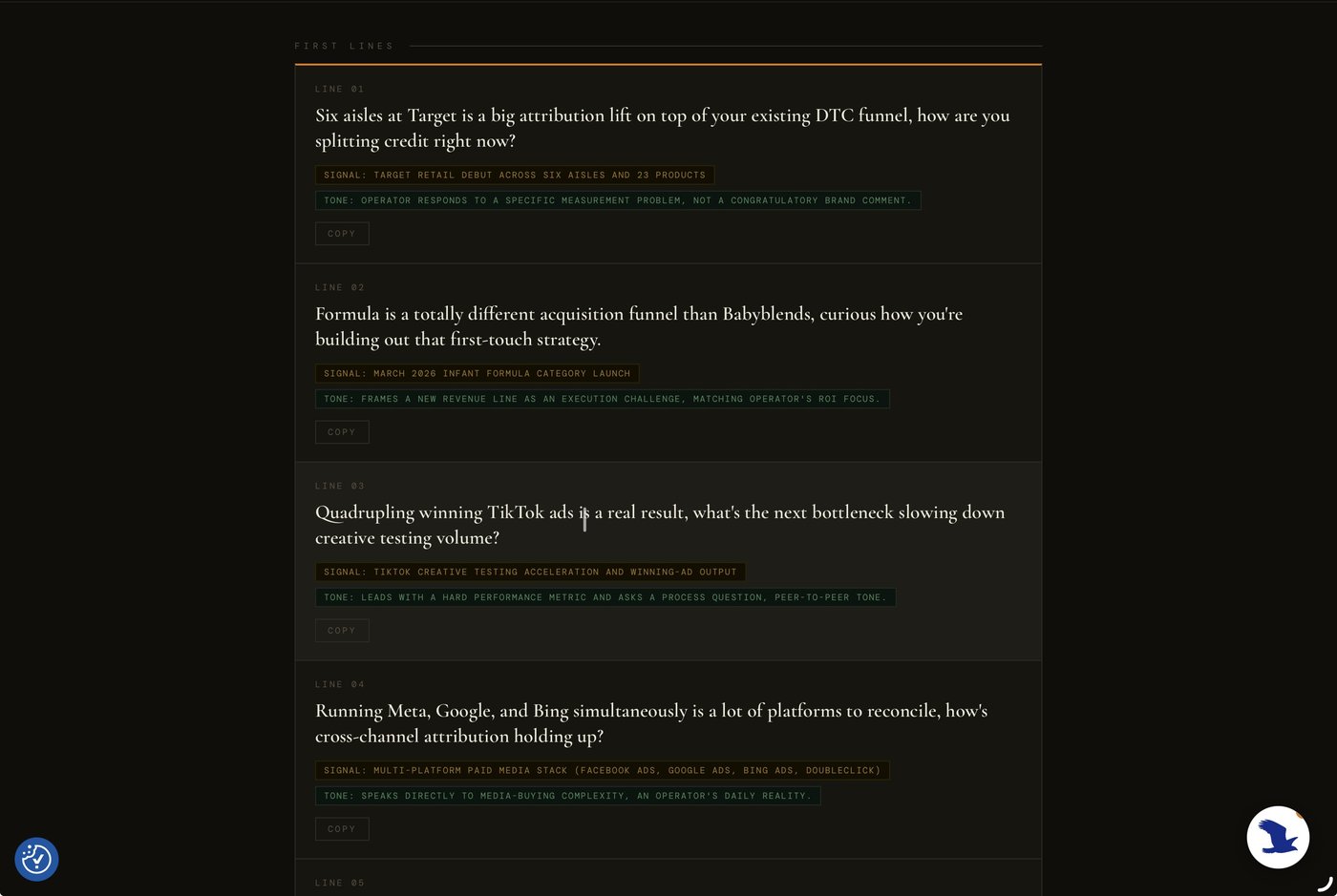 Quickstrike first lines: ready-to-send outreach lines with the signal and tone behind each